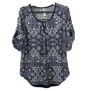 PerSeption Womens Blue Floral Print Tunic Top Blouse Size Medium Roll Tab Sleeve